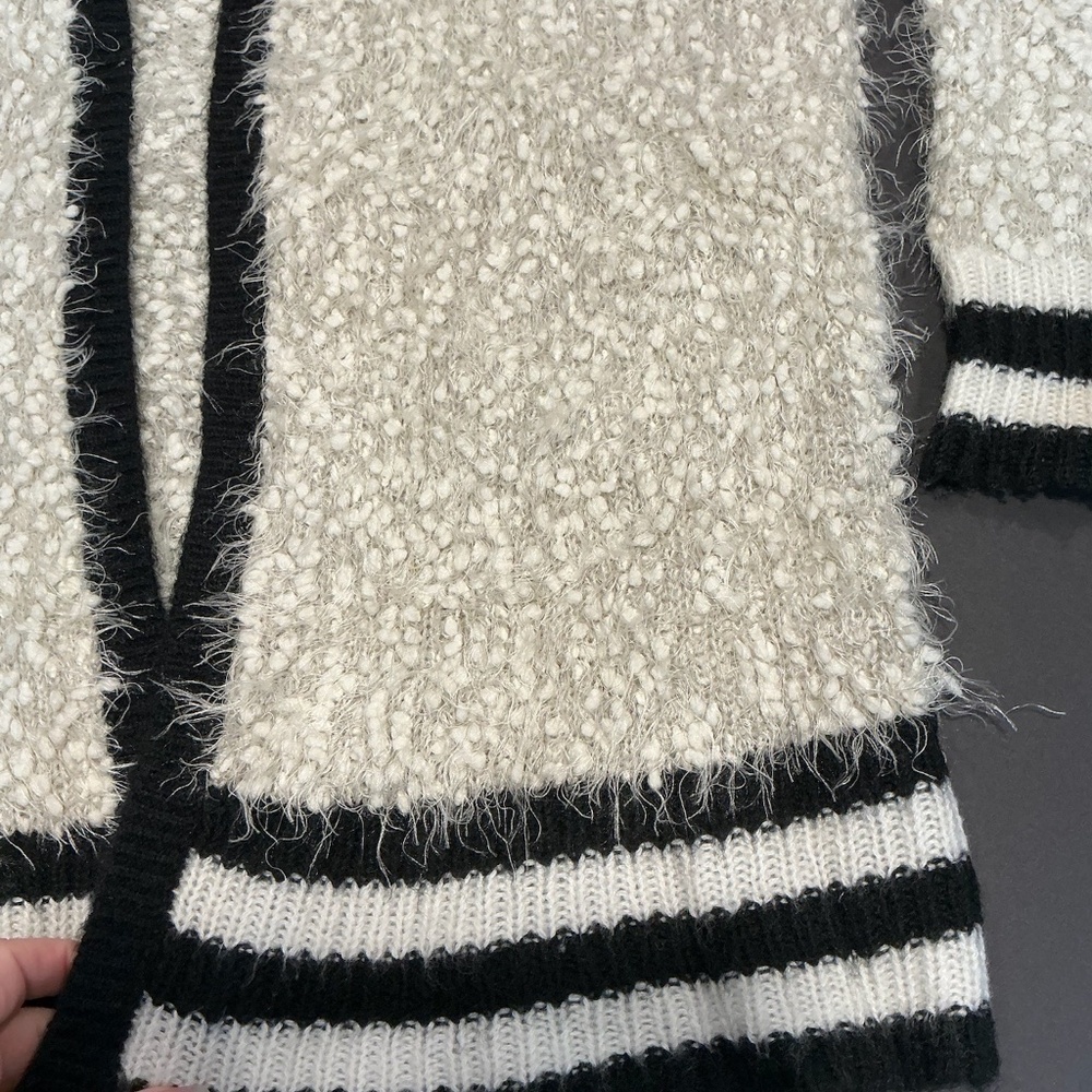 Hem & Thread Textured Hooded Cardigan Cream Black Striped Trim Size M - Picture 5 of 9
